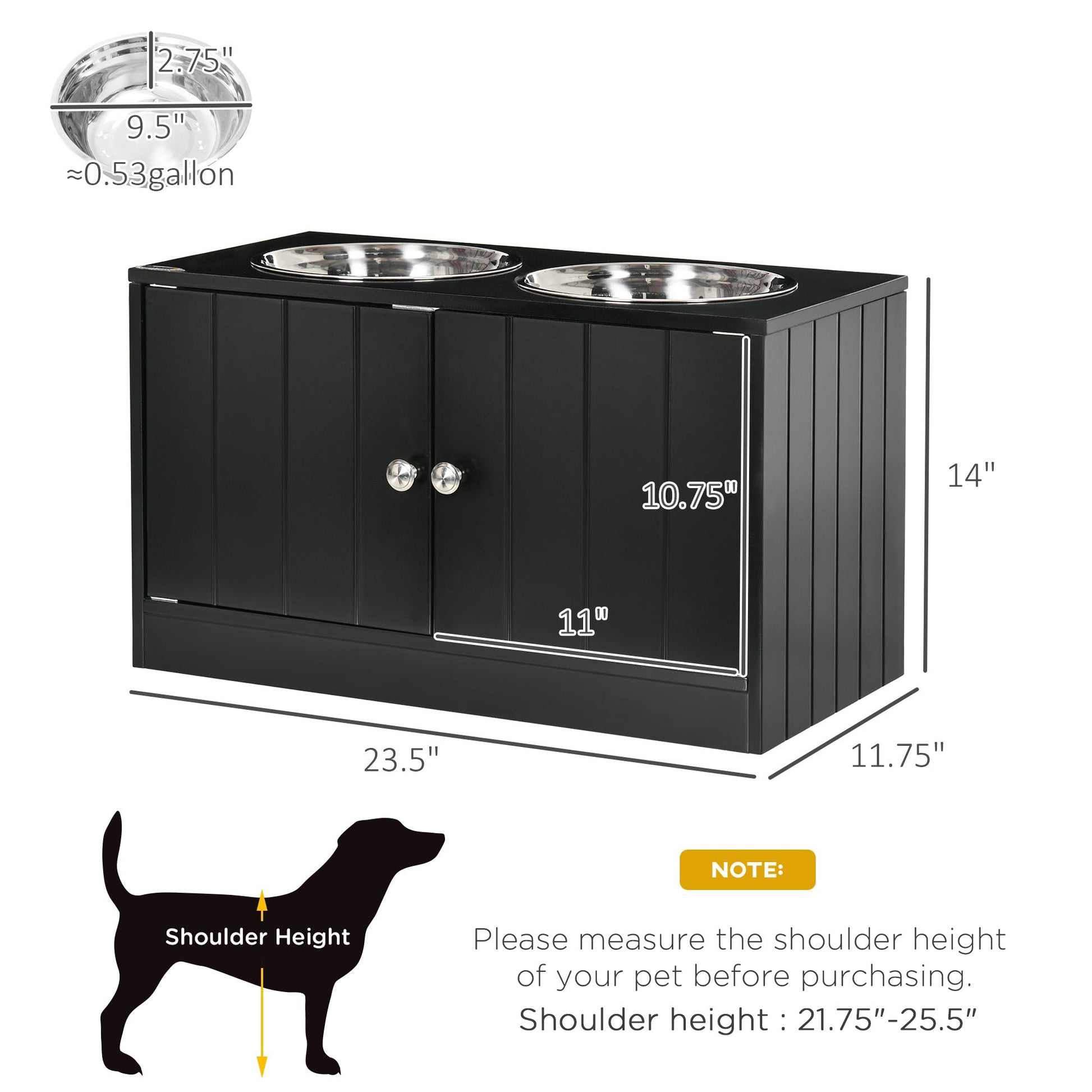 HKM-1213629 Elevated Dog Bowl Station with 44L Storage Cabinet and Stainless Steel Bowls, Black