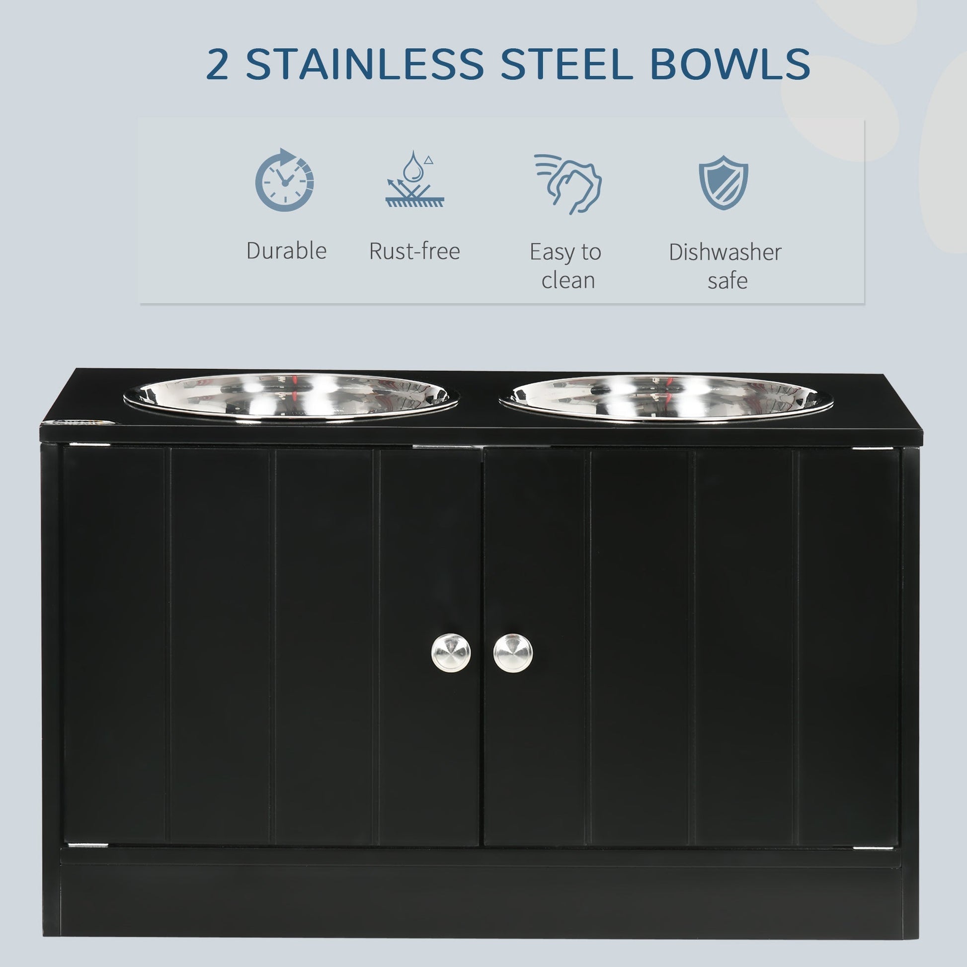 HKM-1213629 Elevated Dog Bowl Station with 44L Storage Cabinet and Stainless Steel Bowls, Black