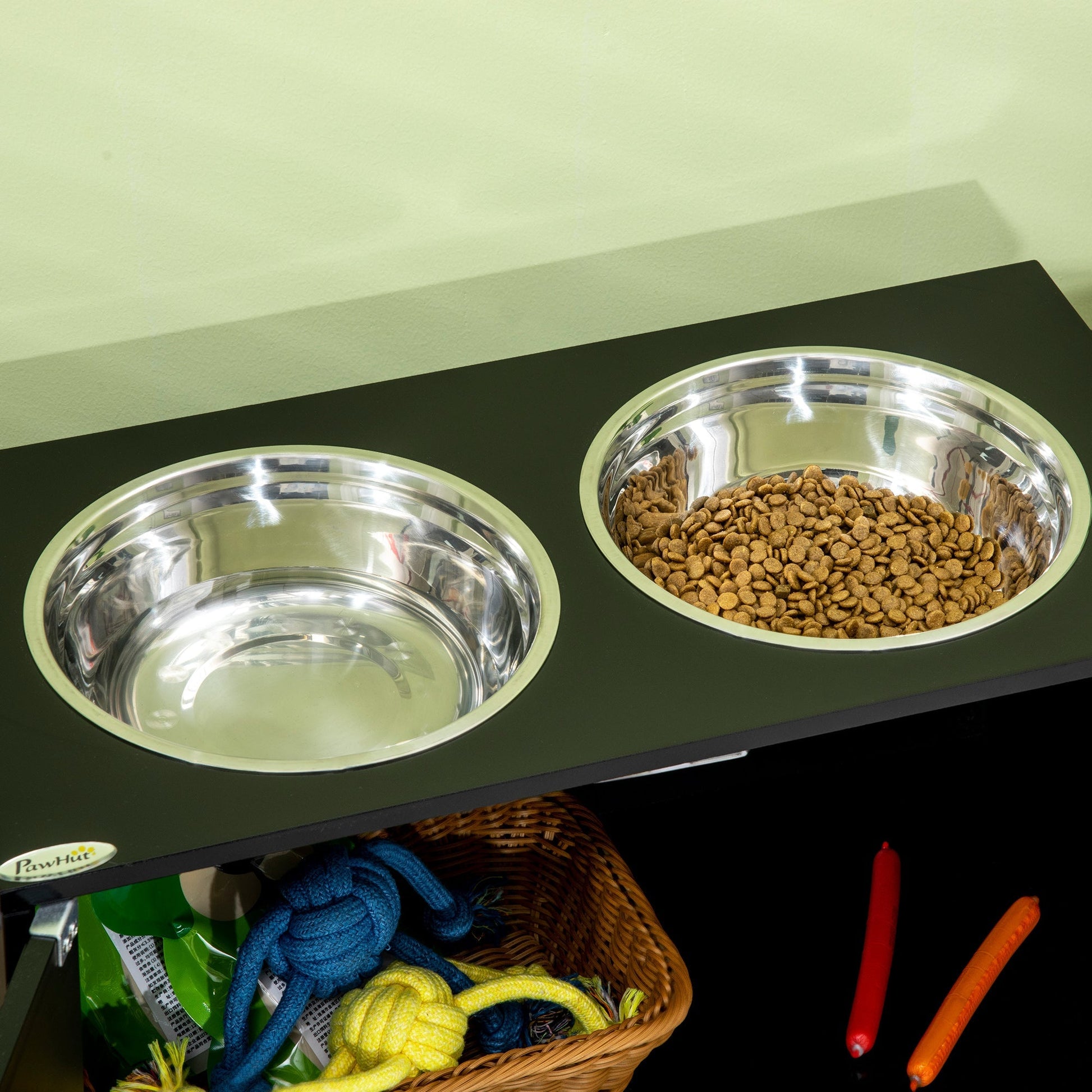 HKM-1213629 Elevated Dog Bowl Station with 44L Storage Cabinet and Stainless Steel Bowls, Black