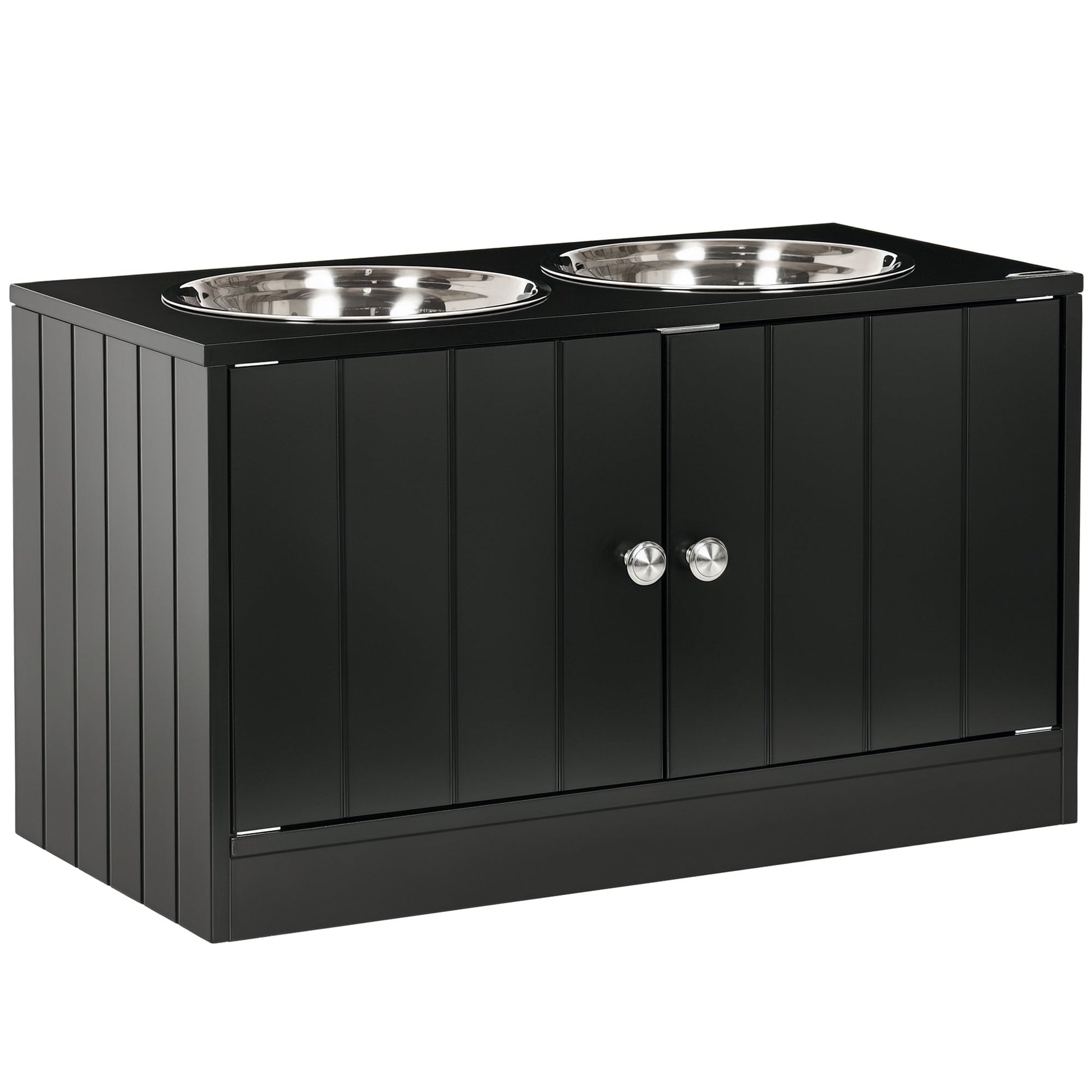 HKM-1213629 Elevated Dog Bowl Station with 44L Storage Cabinet and Stainless Steel Bowls, Black
