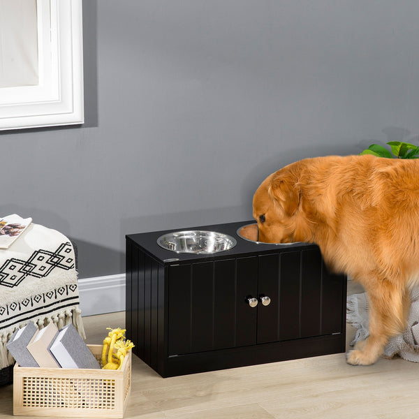HKM-1213629 Elevated Dog Bowl Station with 44L Storage Cabinet and Stainless Steel Bowls, Black