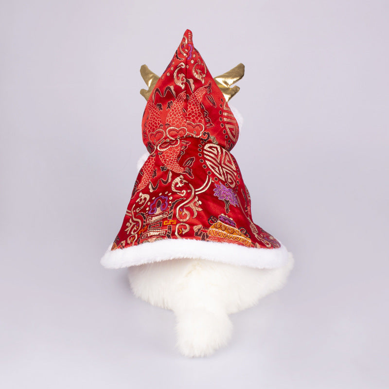HKM-1221565 Elegant Brocade Satin Cloak for Dogs & Cats - Adjustable Size in Yellow and Red
