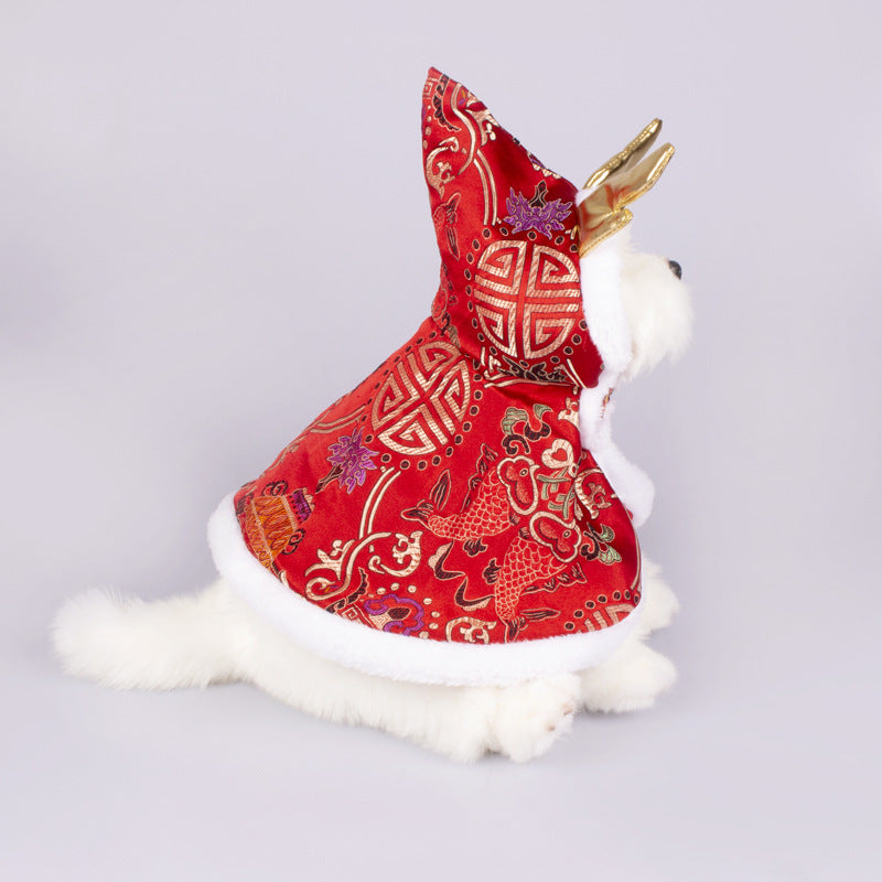 HKM-1221565 Elegant Brocade Satin Cloak for Dogs & Cats - Adjustable Size in Yellow and Red