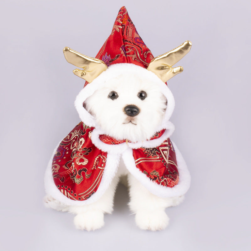 HKM-1221565 Elegant Brocade Satin Cloak for Dogs & Cats - Adjustable Size in Yellow and Red