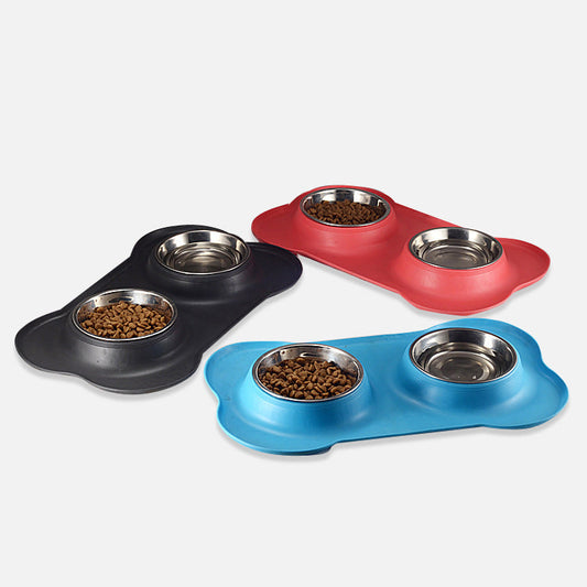 HKM-122323 Bone-Shaped Double Bowl with Non-Slip Silicone Base for Food and Water - Removable Stainless Steel Inner Layer, Easy to Clean
