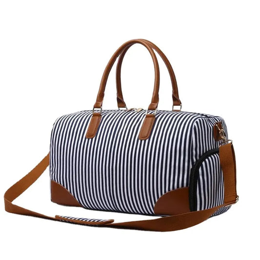 HKM-122387 Large Capacity Striped Canvas Travel Handbag with Leather Accents - Durable Shoulder Messenger Bag for Women