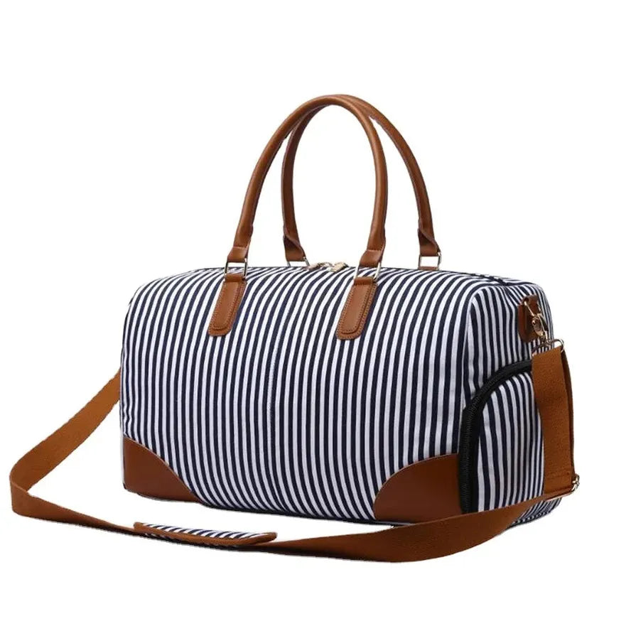 HKM-122387 Large Capacity Striped Canvas Travel Handbag with Leather Accents - Durable Shoulder Messenger Bag for Women