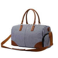 HKM-122387 Large Capacity Striped Canvas Travel Handbag with Leather Accents - Durable Shoulder Messenger Bag for Women