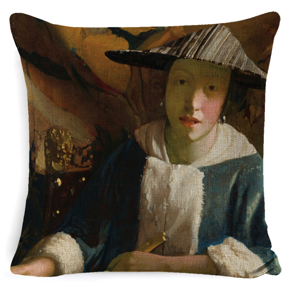 HKM-122643 Fashion Retro Minimalist Girl Pillow - Linen and Polyester Combo with PP Cotton Fill - 45x45cm Size Options