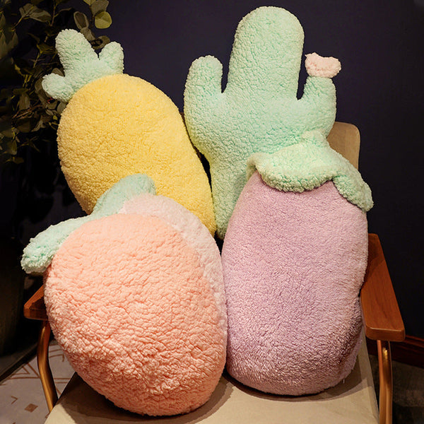 HKM-122771 Cartoon Fruit Plush Pillow - Pineapple, Carrot, Cactus, and More in Cotton Velvet