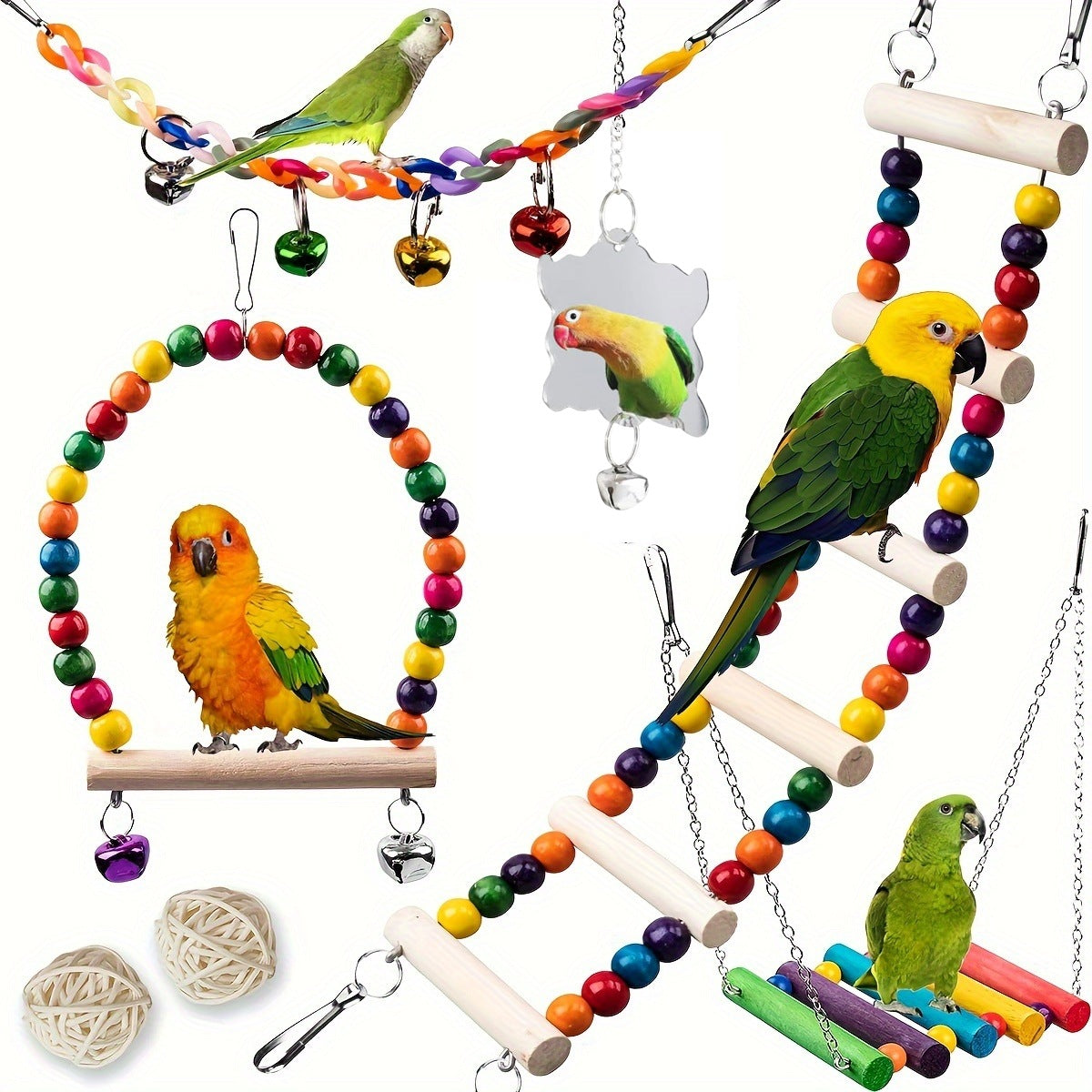 HKM-1232189 Wooden Parrot Toy Set with 7 Accessories for Birds - Swing, Perch, and More