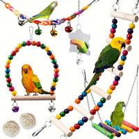 HKM-1232189 Wooden Parrot Toy Set with 7 Accessories for Birds - Swing, Perch, and More