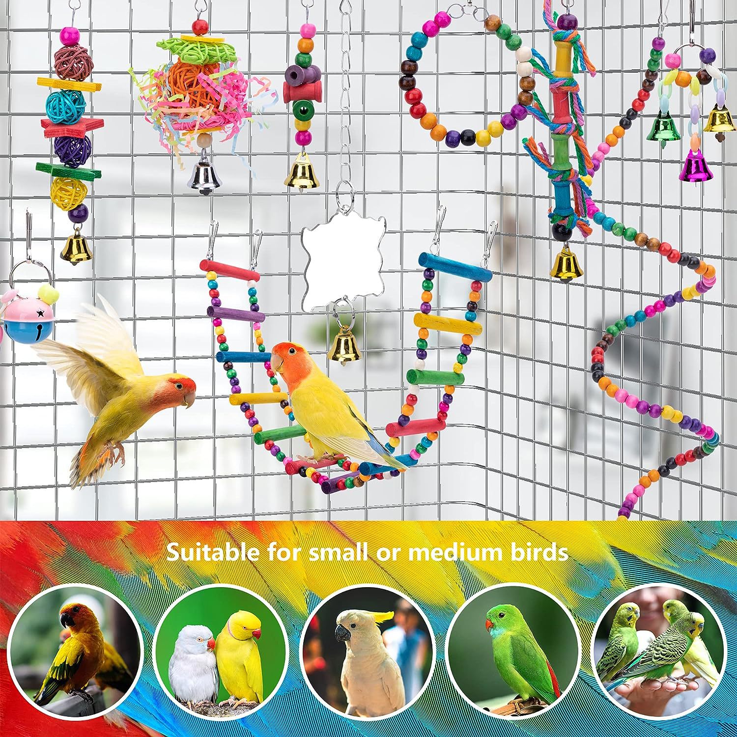 HKM-1232189 Wooden Parrot Toy Set with 7 Accessories for Birds - Swing, Perch, and More