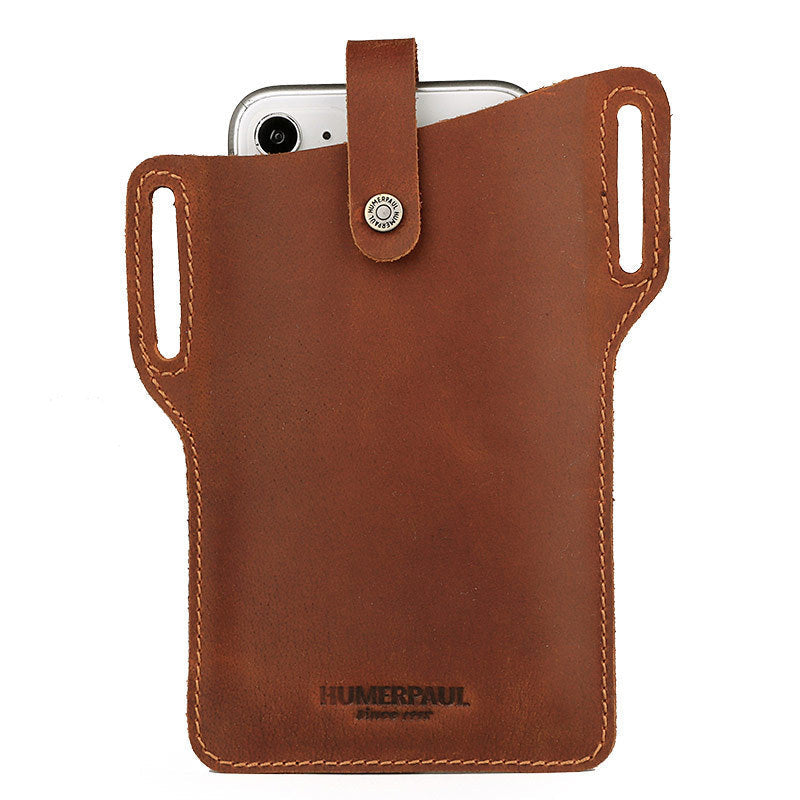 HKM-123219 Retro Crazy Horse Leather Cell Phone Waist Bag for Men and Women, Available in Khaki, Black, Brown