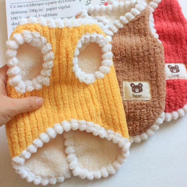 HKM-1233469 Corduroy Fleece Vest for Dogs and Cats - Striped Pattern in Brown, Watermelon Red, and Yellow, Casual Style, Multiple Sizes Available