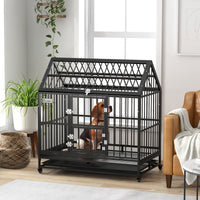 HKM-1238333 Heavy Duty 48" Dog Crate with Lockable Wheels and Removable Tray for Large Dogs