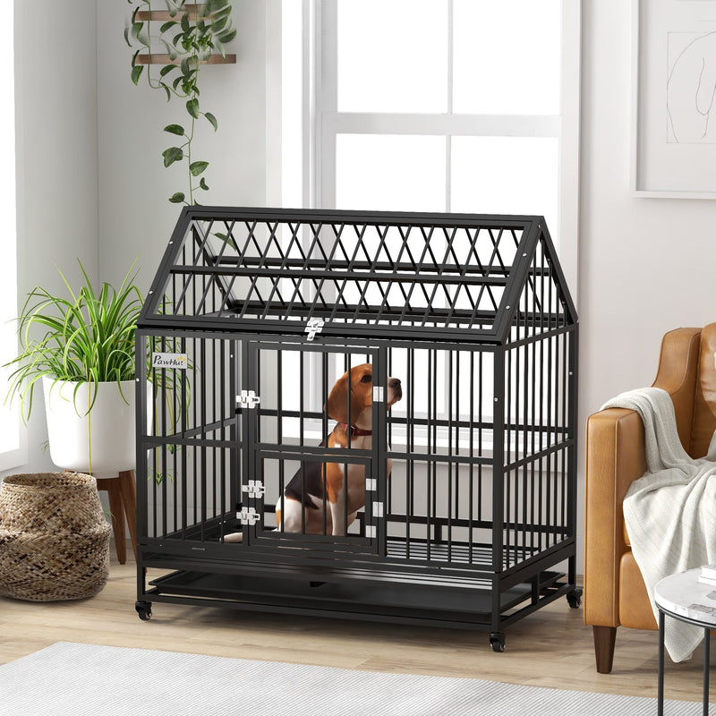 HKM-1238333 Heavy Duty 48" Dog Crate with Lockable Wheels and Removable Tray for Large Dogs