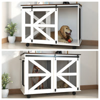 HKM-1238717 Multi-Functional Mobile Dog Crate with Flip-Top Feeding Door, Dual Access, 5 Caster System and Side Hooks