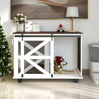 HKM-1238717 Multi-Functional Mobile Dog Crate with Flip-Top Feeding Door, Dual Access, 5 Caster System and Side Hooks