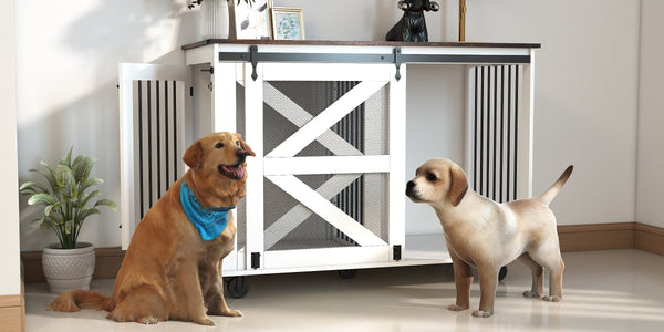 HKM-1238717 Multi-Functional Mobile Dog Crate with Flip-Top Feeding Door, Dual Access, 5 Caster System and Side Hooks