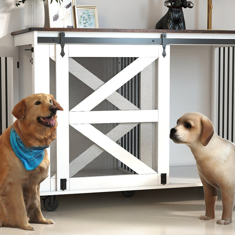 HKM-1238717 Multi-Functional Mobile Dog Crate with Flip-Top Feeding Door, Dual Access, 5 Caster System and Side Hooks