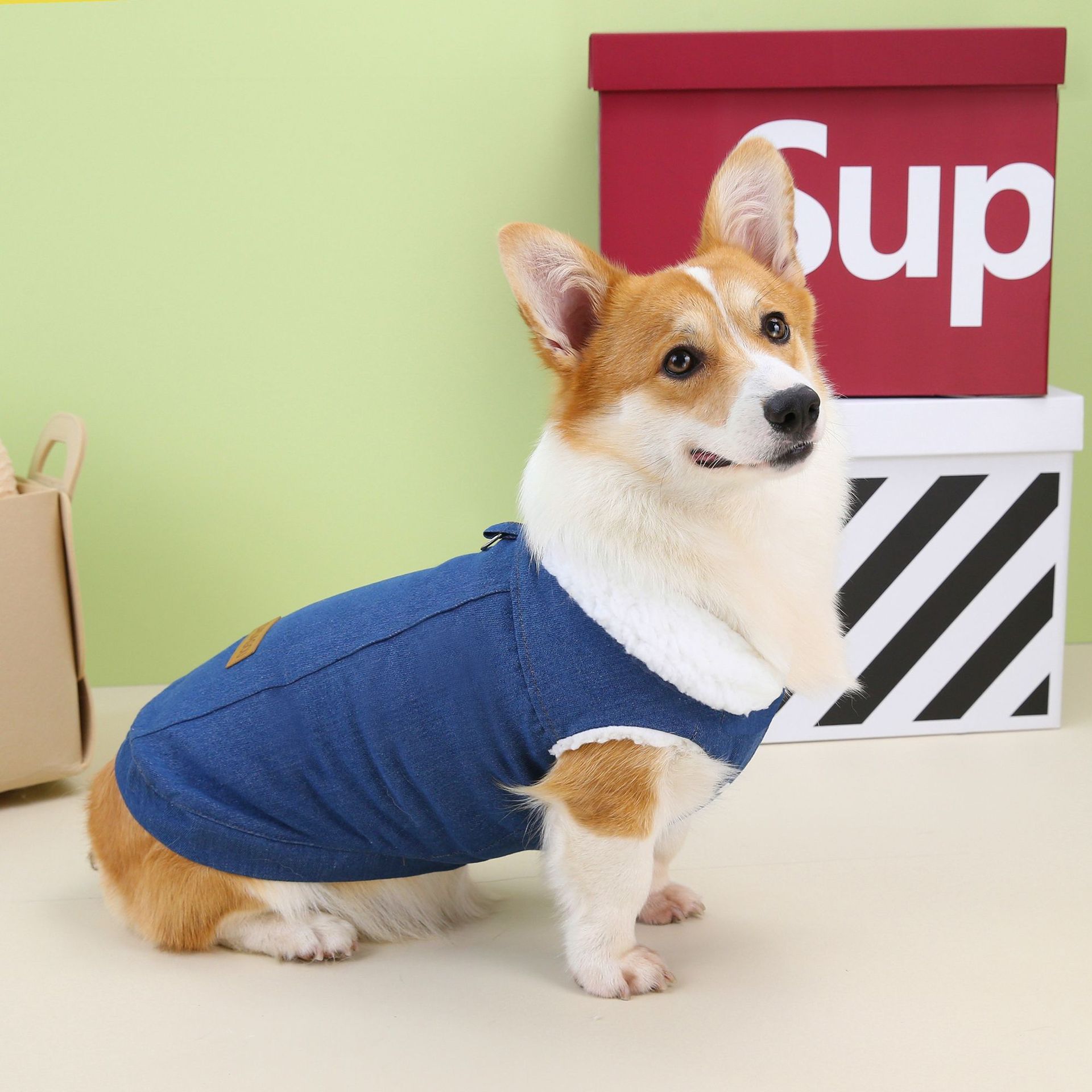 HKM-1239101 Denim Cotton Dog Coat in Dark Blue and Light Blue for Corgis, Available in Multiple Sizes