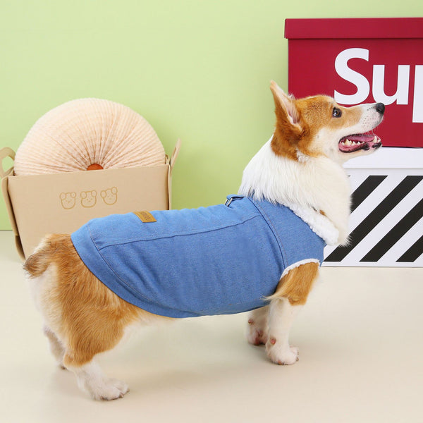 HKM-1239101 Denim Cotton Dog Coat in Dark Blue and Light Blue for Corgis, Available in Multiple Sizes
