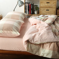 HKM-124115 Washed Cotton Four-Piece Bedding Set with Checked Design for Comfortable Sleeping