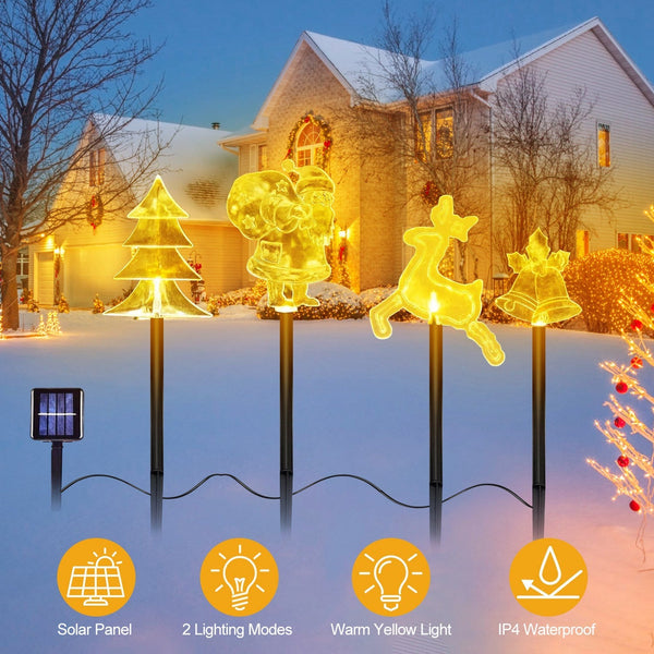 HKM-124243 Christmas Solar Stake Lights Set - 5-Piece Outdoor Decoration with Reindeer, Snowflake, Bell, Tree, and Santa Designs, IP44 Waterproof, Eco-Friendly Warm Yellow LED