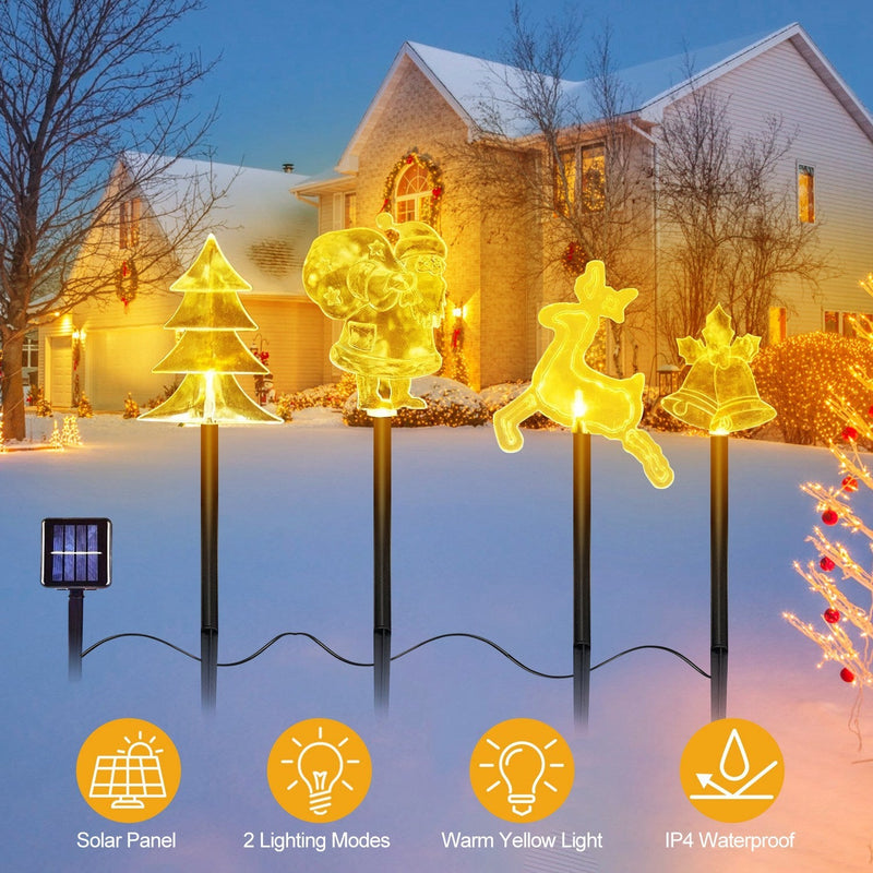 HKM-124243 Christmas Solar Stake Lights Set - 5-Piece Outdoor Decoration with Reindeer, Snowflake, Bell, Tree, and Santa Designs, IP44 Waterproof, Eco-Friendly Warm Yellow LED