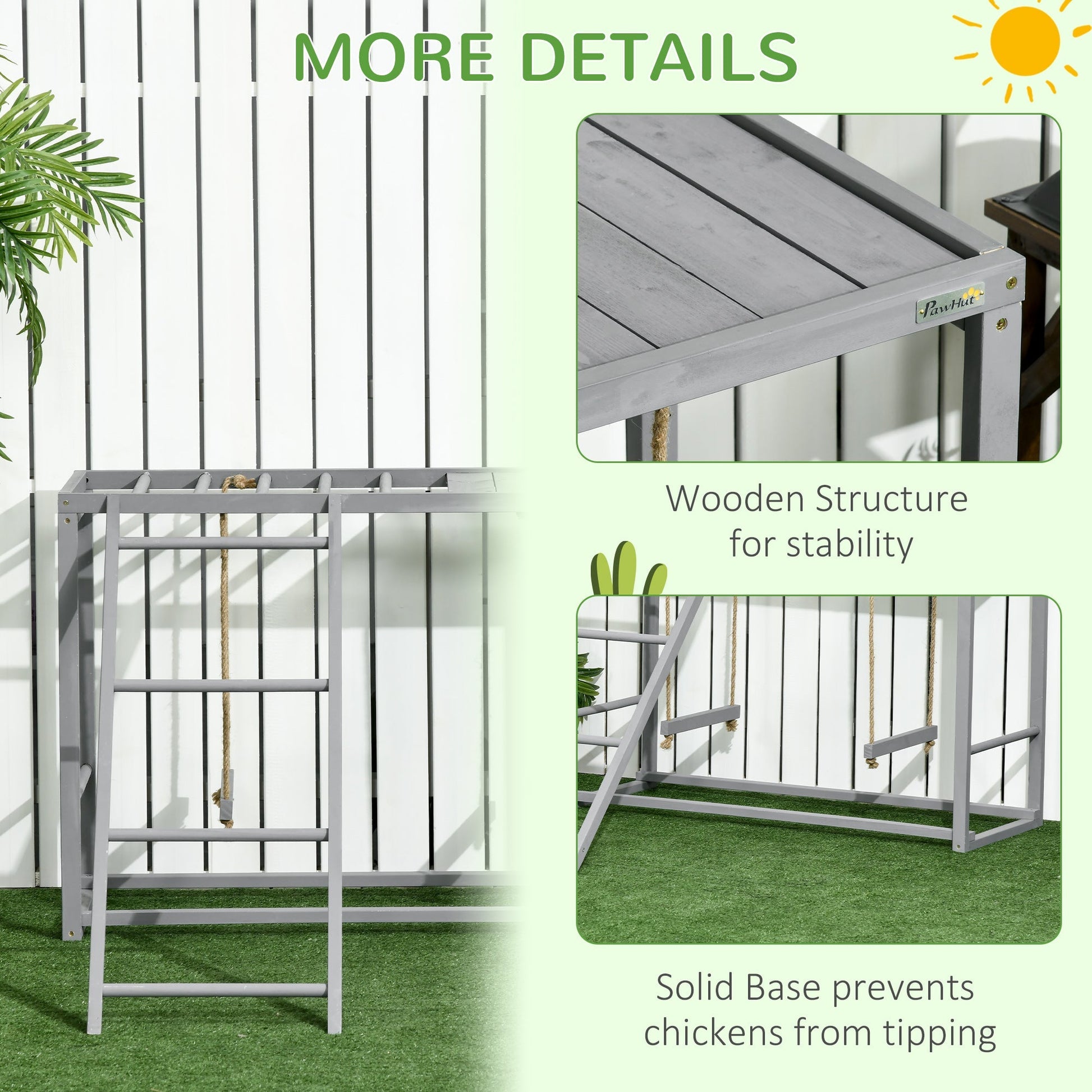 HKM-1244093 Wooden Chicken Activity Playset with Swings, Perches & Ladder for 3–4 Birds - Gray