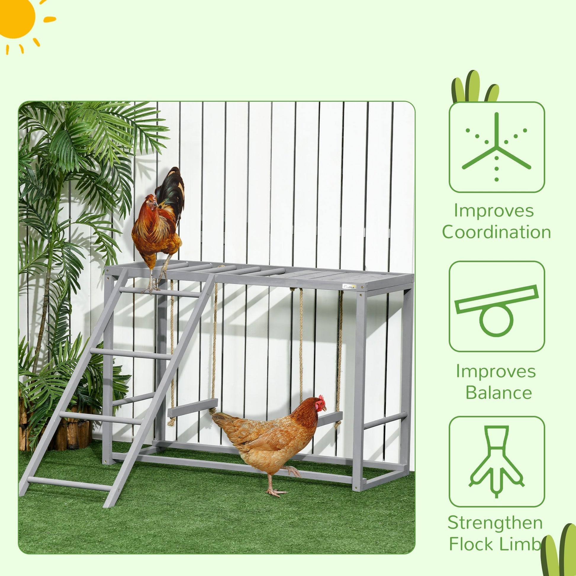 HKM-1244093 Wooden Chicken Activity Playset with Swings, Perches & Ladder for 3–4 Birds - Gray