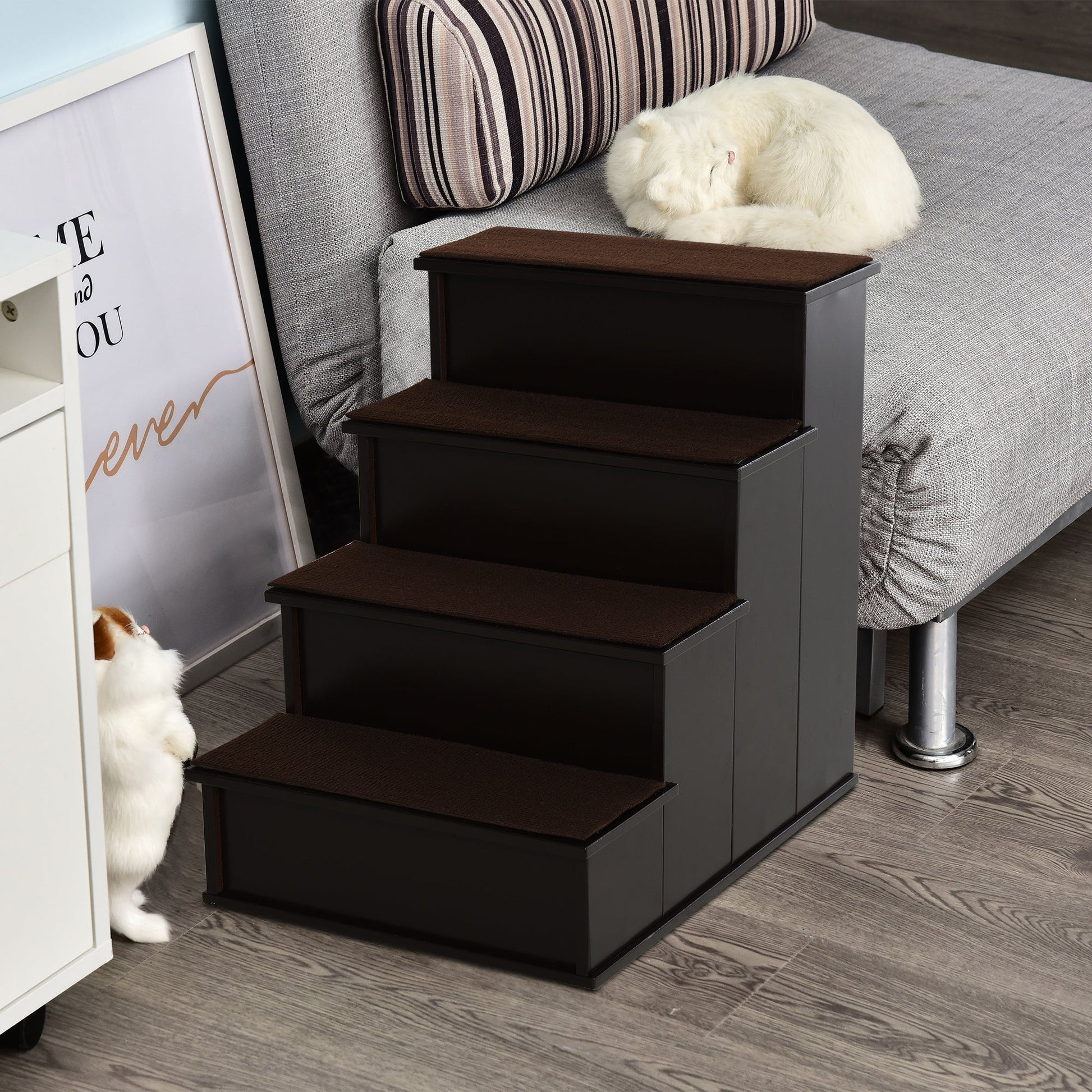 HKM-1245885 Cushioned Pet Stairs for Small Dogs and Cats Up to 22 lbs - Brown with Removable Cover