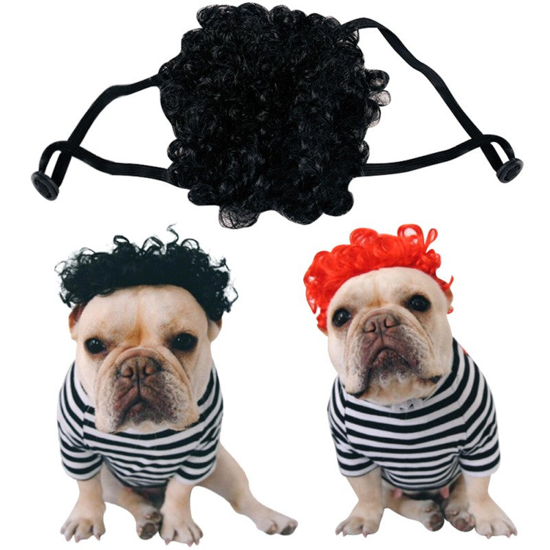 HKM-1252029 Pet Funny Wig Headgear in Black Explosive, Red Explosive, and Ruth Braid Styles