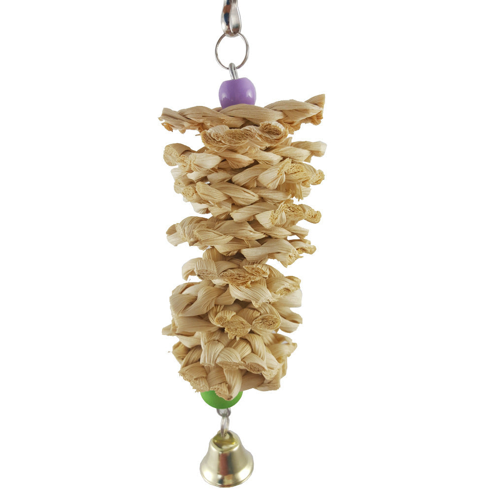 HKM-125203 Natural Wooden Grass Parrot Toy with Bell for Chewing and Entertainment - 18 cm