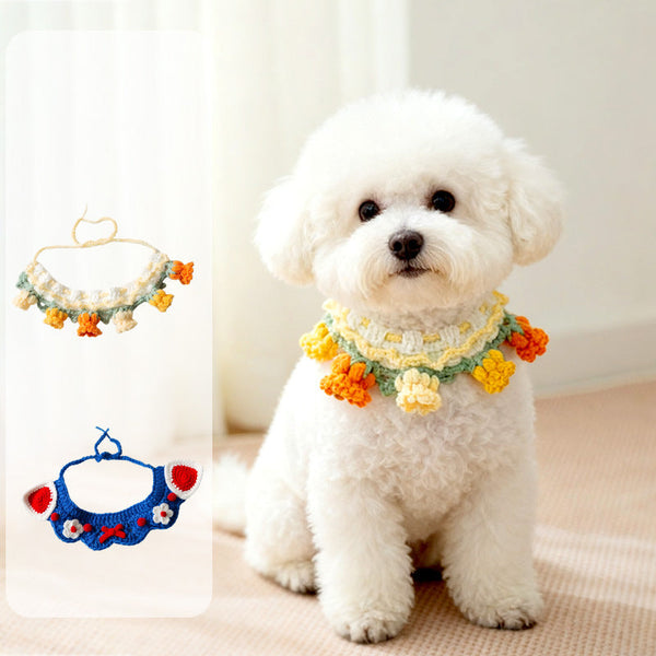 HKM-1257917 Handcrafted Pet Necklaces for Small Dogs and Cats - Adjustable Crochet Neck Rings with Floral Designs