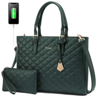 HKM-125971 Quilted Leather Waterproof Laptop Tote Bag for 15.6 Inch Computers - 2 Piece Set for Women