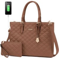 HKM-125971 Quilted Leather Waterproof Laptop Tote Bag for 15.6 Inch Computers - 2 Piece Set for Women