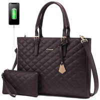 HKM-125971 Quilted Leather Waterproof Laptop Tote Bag for 15.6 Inch Computers - 2 Piece Set for Women