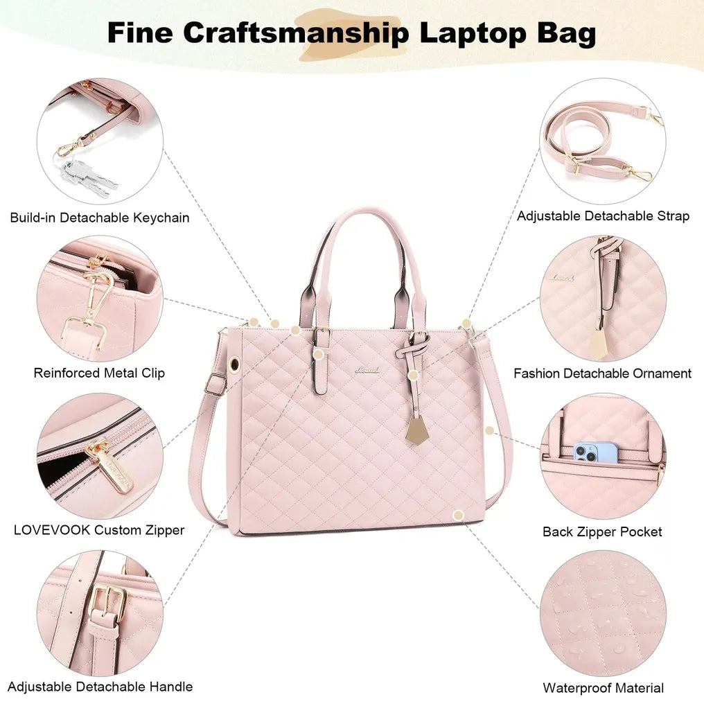 HKM-125971 Quilted Leather Waterproof Laptop Tote Bag for 15.6 Inch Computers - 2 Piece Set for Women