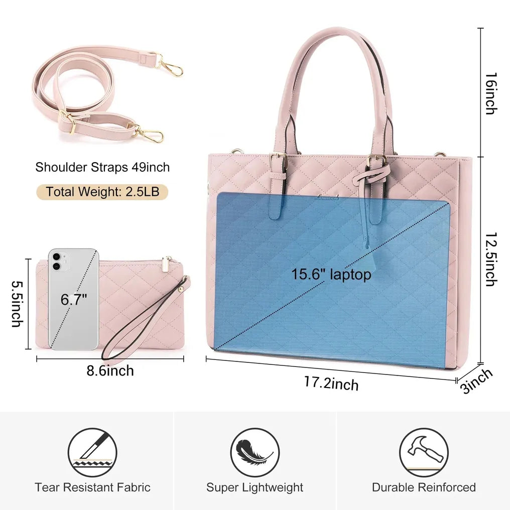HKM-125971 Quilted Leather Waterproof Laptop Tote Bag for 15.6 Inch Computers - 2 Piece Set for Women