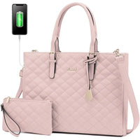 HKM-125971 Quilted Leather Waterproof Laptop Tote Bag for 15.6 Inch Computers - 2 Piece Set for Women