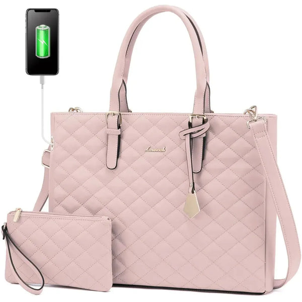 HKM-125971 Quilted Leather Waterproof Laptop Tote Bag for 15.6 Inch Computers - 2 Piece Set for Women