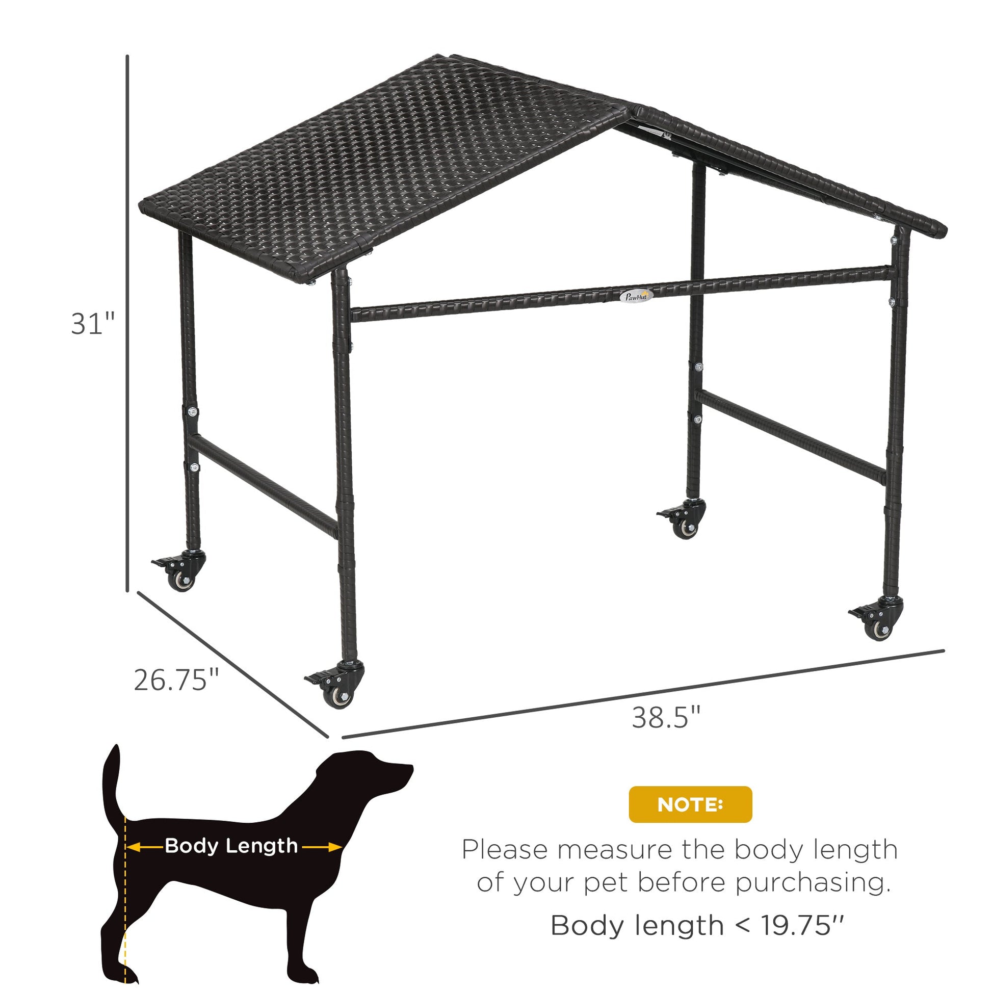 HKM-1260349 Portable Outdoor Dog Shelter with Wheels for Small and Medium Dogs, Dark Brown Rattan Design