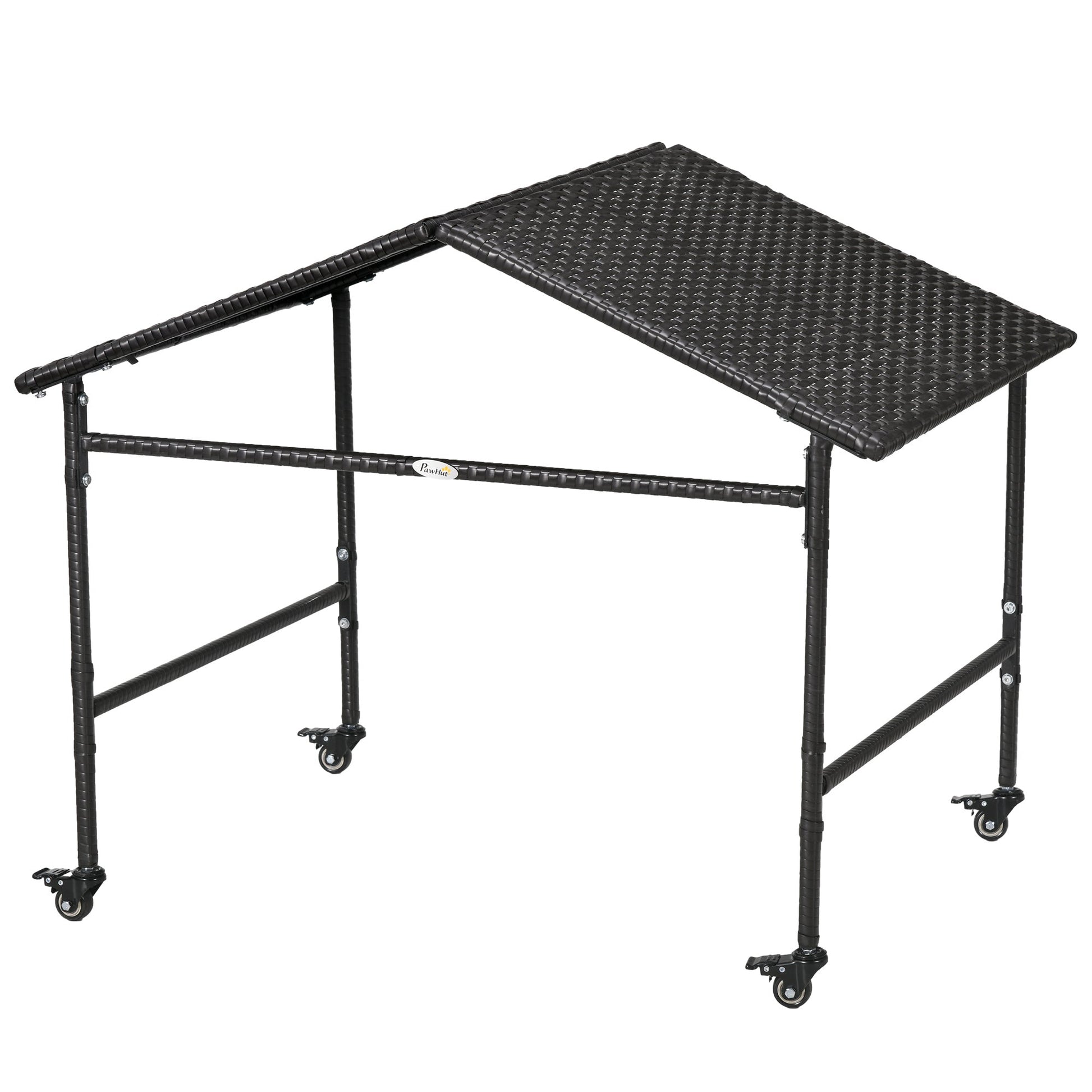 HKM-1260349 Portable Outdoor Dog Shelter with Wheels for Small and Medium Dogs, Dark Brown Rattan Design