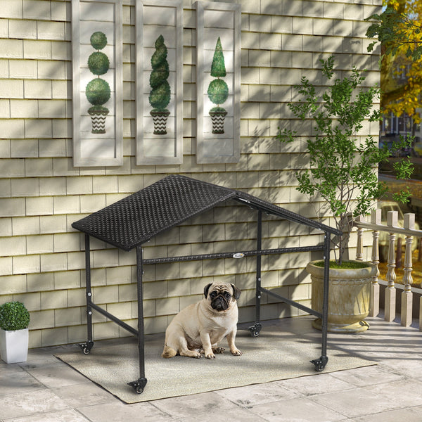 HKM-1260349 Portable Outdoor Dog Shelter with Wheels for Small and Medium Dogs, Dark Brown Rattan Design