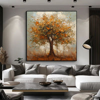 HKM-126355 Modern Orange Autumn Trees Handmade Oil Painting Canvas Art for Home Decor, Square Unframed Wall Decoration
