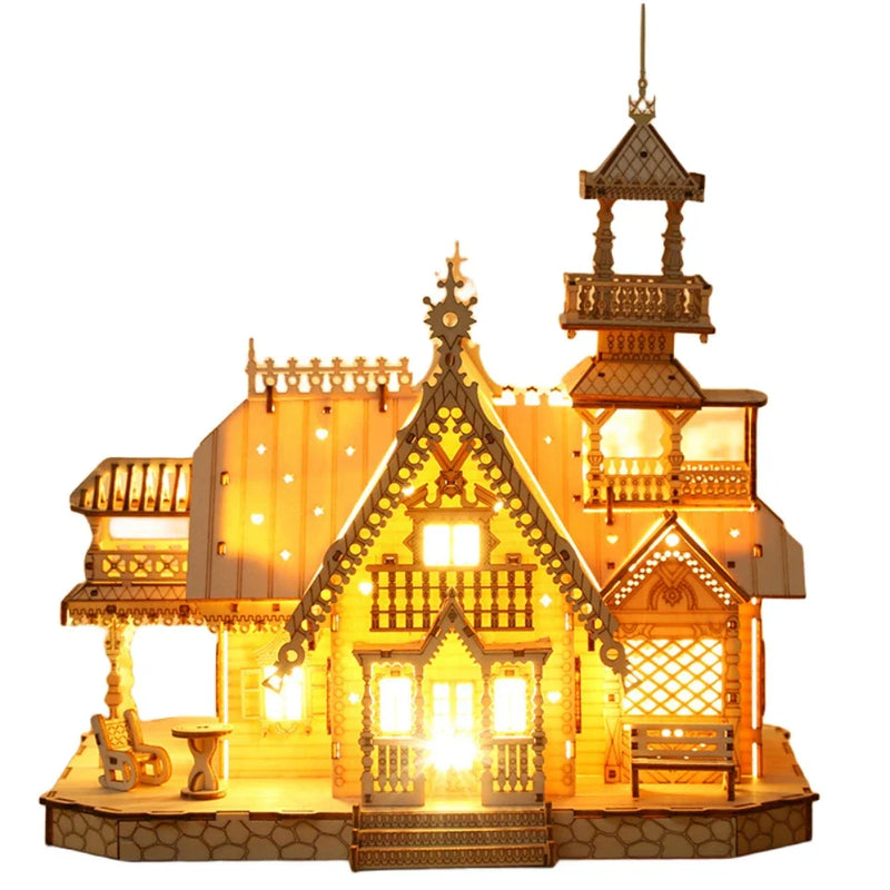HKM-126419 3D Wooden Puzzle Villa Castle Model Kit - DIY Handmade Cottage House Toy for All Ages