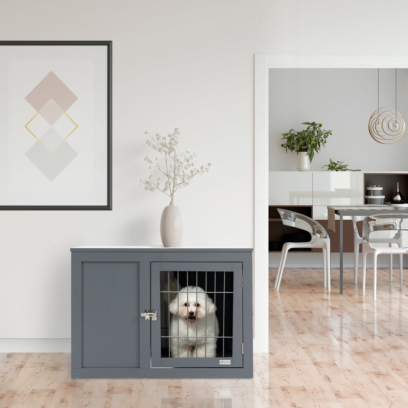 HKM-126419 Indoor Metal Dog Cage with Double Doors and Wooden Top, Grey - Space-Saving Design for Small to Medium Dogs