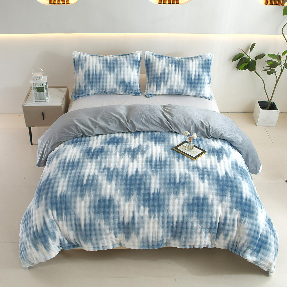 HKM-126419 Reversible Faux Rabbit Fur Duvet Cover Set in Camo & Gradient Boho Design, Ultra Soft and Hypoallergenic